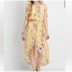 Floral Hi Low Cold Shoulder Maxi Dress Womens Medium M Butter Yellow Boho Flowy